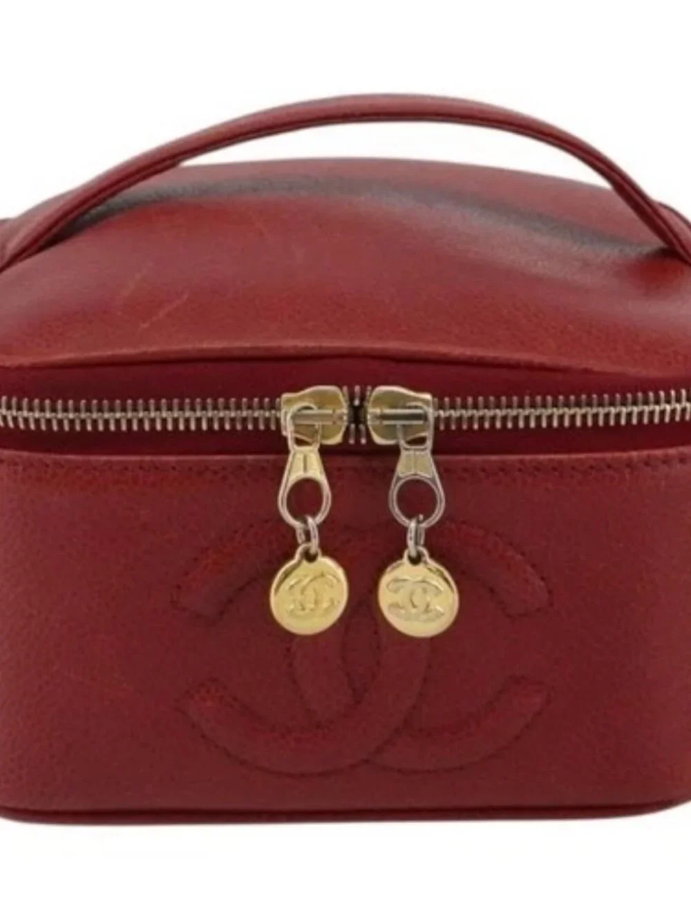 CHANEL COCO Mark Vanity Hand Bag Grained Calf Skin Red Gold CC Auth ka4988